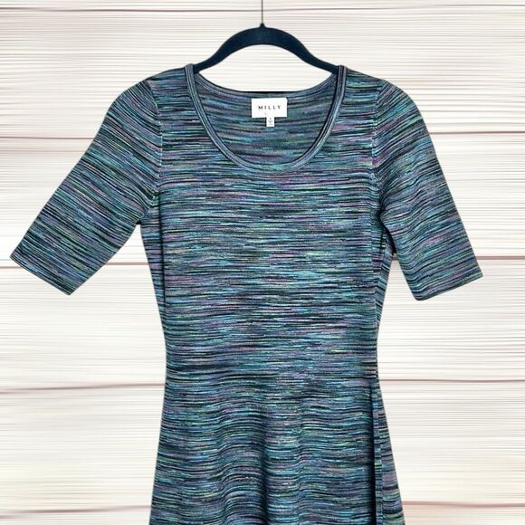 Milly Dress Space Dyed Fit & Flare Blue Knit Stretch Scoop Neck Short Sleeve S - Picture 3 of 9